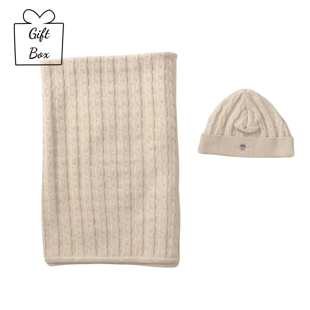 Beige Cable Knit Blanket & Hat Set