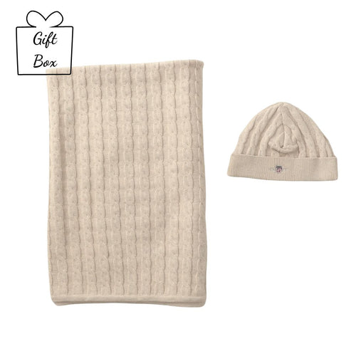 Beige Cable Knit Blanket & Hat Set