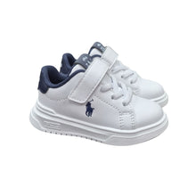 Load image into Gallery viewer, White &amp; Navy "Heritage Court" Velcro Trainers
