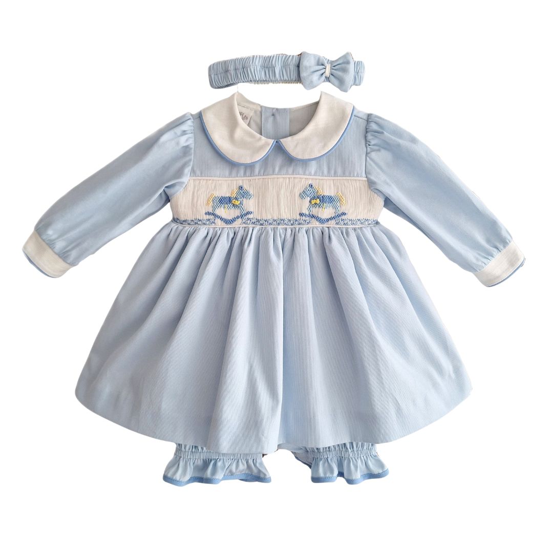 Blue & White Rocking Horse Smocked Dress, Bloomers & Headband
