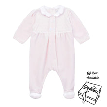 Load image into Gallery viewer, Pink Embroidered Smock Velour Babygrow