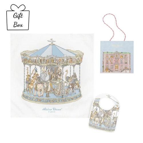 Blue Carousel Swaddle & Bib Gift Set