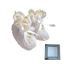 Load image into Gallery viewer, White &amp; Lemon Hand Smocked Booties