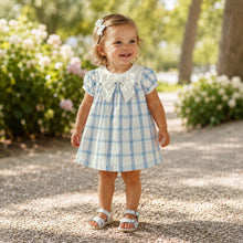 Load image into Gallery viewer, Ivory &amp; Blue Check Bow Dress