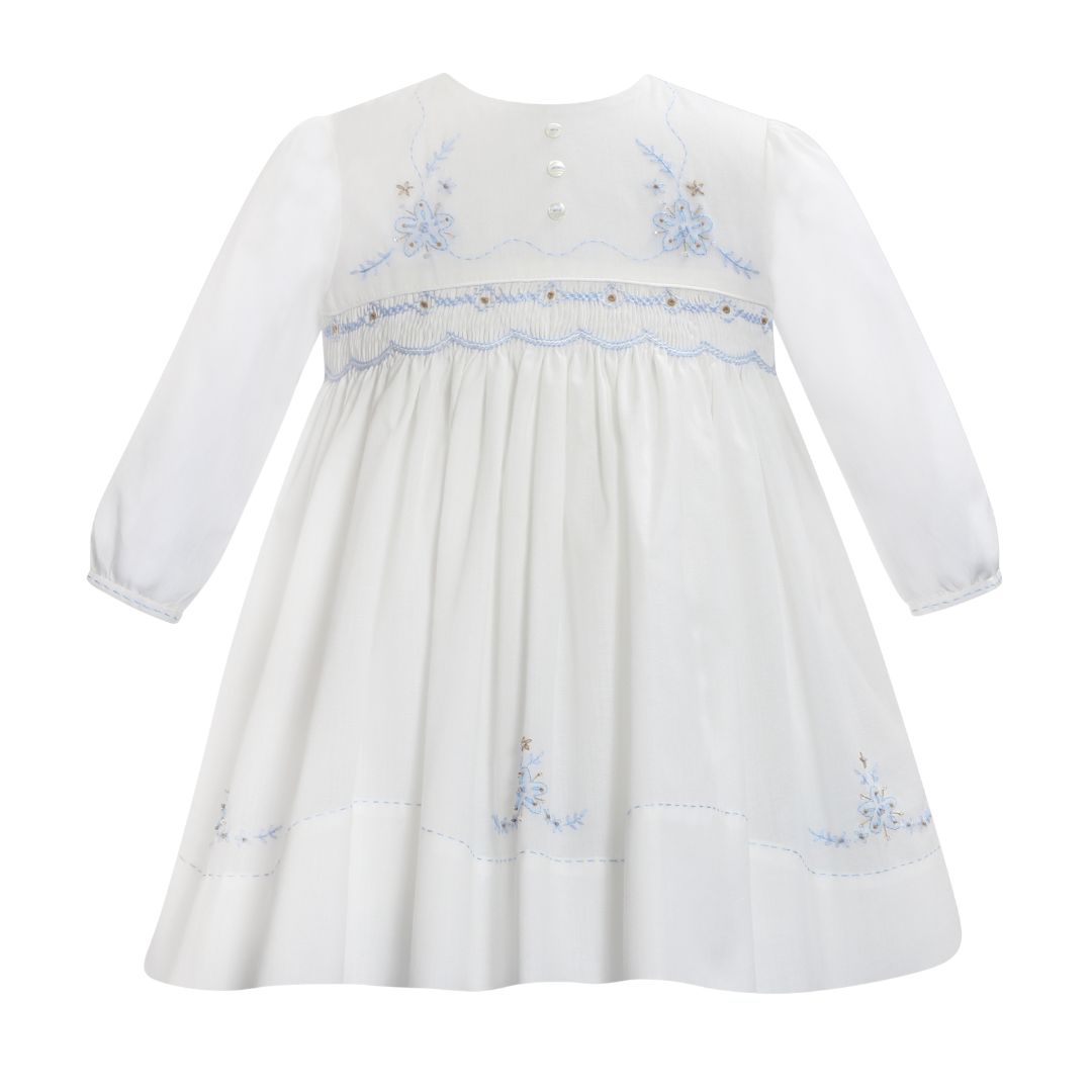 Ivory & Blue Smocked & Embroidered Dress