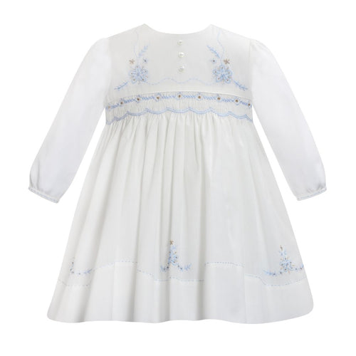 Ivory & Blue Smocked & Embroidered Dress