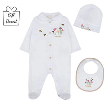 Load image into Gallery viewer, White Embroidered Babygrow, Hat &amp; Bib