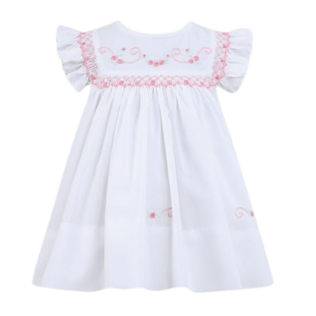 White & Pink Embroidered Smocked