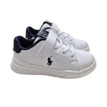 Load image into Gallery viewer, White &amp; Navy "Heritage Court" Velcro Trainers