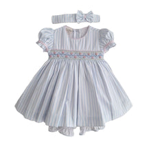 Load image into Gallery viewer, Blue &amp; White Striped Dress, Bloomers &amp; Headband