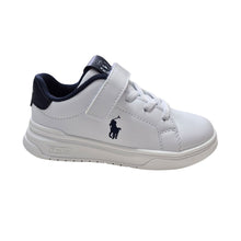 Load image into Gallery viewer, White &amp; Navy "Heritage Court" Velcro Trainers