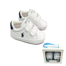 Load image into Gallery viewer, White &amp; Navy Tag Pre Walker Trainers