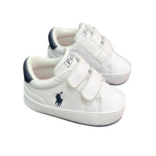 Load image into Gallery viewer, White &amp; Navy Tag Pre Walker Trainers