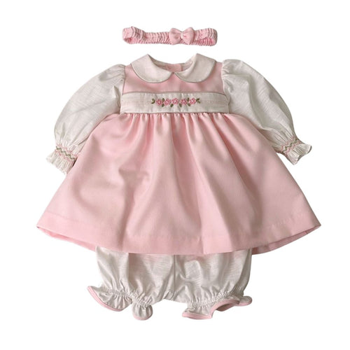 Pink Embroidered Dress, Bloomers & Headband Set