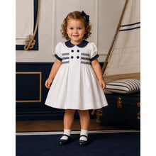 Load image into Gallery viewer, White &amp; Navy Trim Smocked Dress