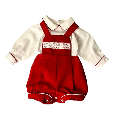 Red Embroidered Romper & Shirt Set