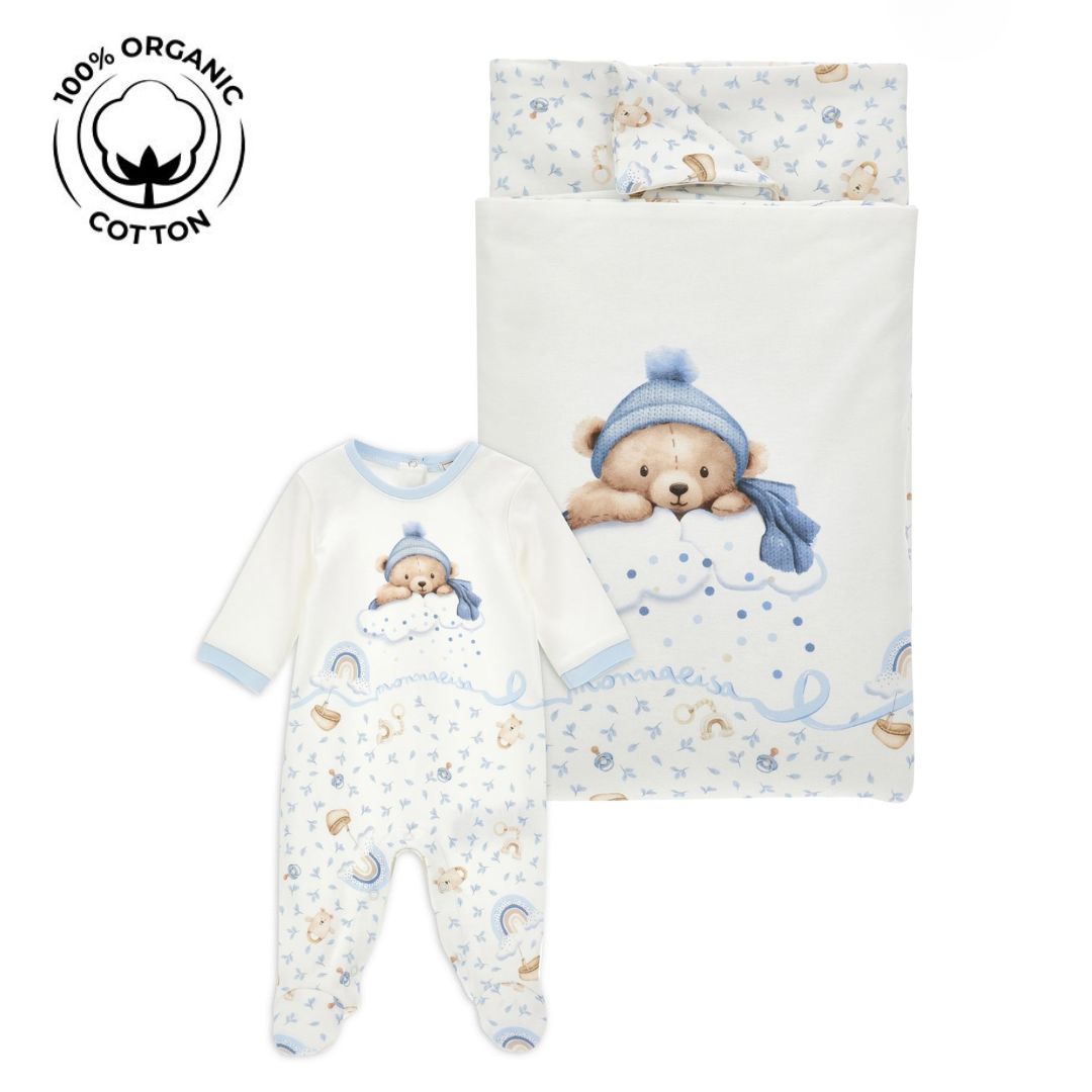 PRE ORDER - Blue Teddy Babygrow & Blanket Set