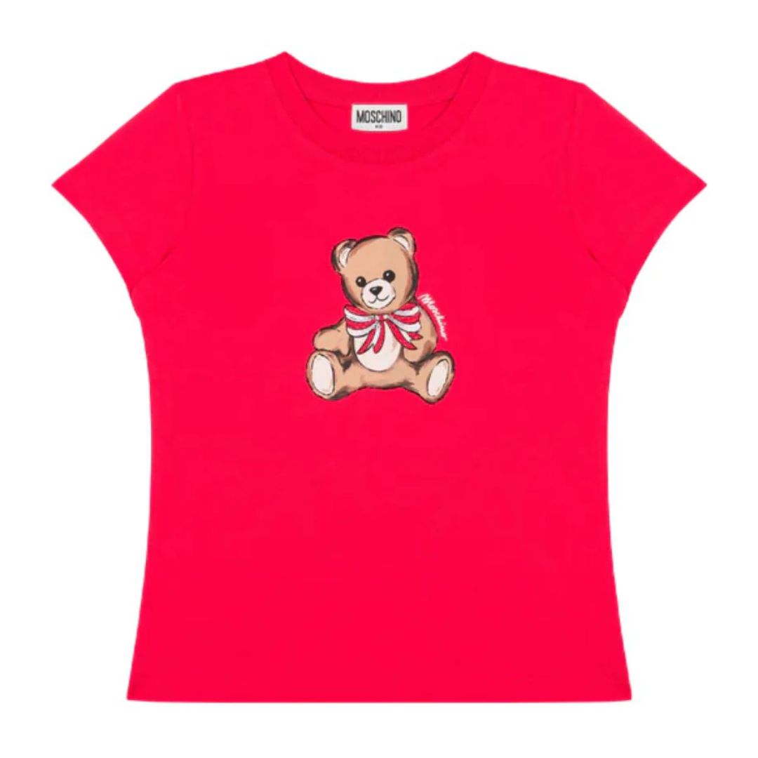 Girls Red Teddy & Sequin Bow T-Shirt
