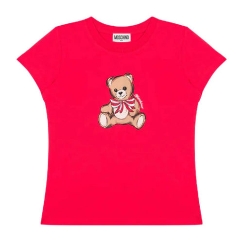 Girls Red Teddy & Sequin Bow T-Shirt