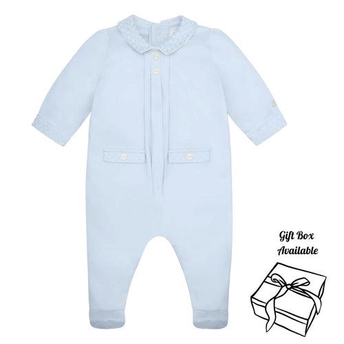 Pale Blue Check Embroidered Babygrow
