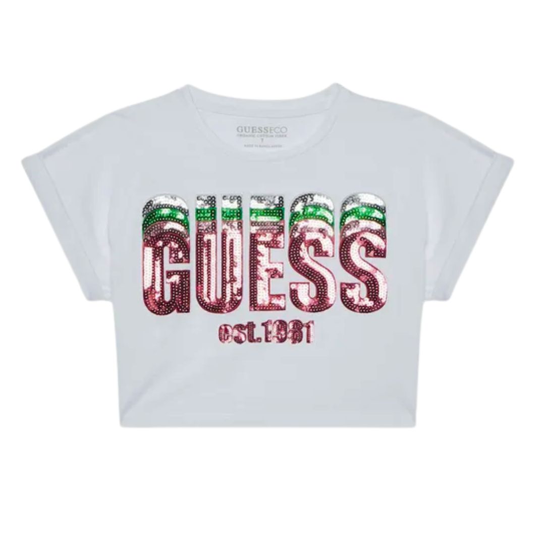 White Multi Sequin Logo Crop T-Shirt