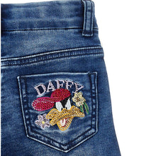 Load image into Gallery viewer, Denim Flared &#39;Daffy&#39; Rhinestone Logo Jeans
