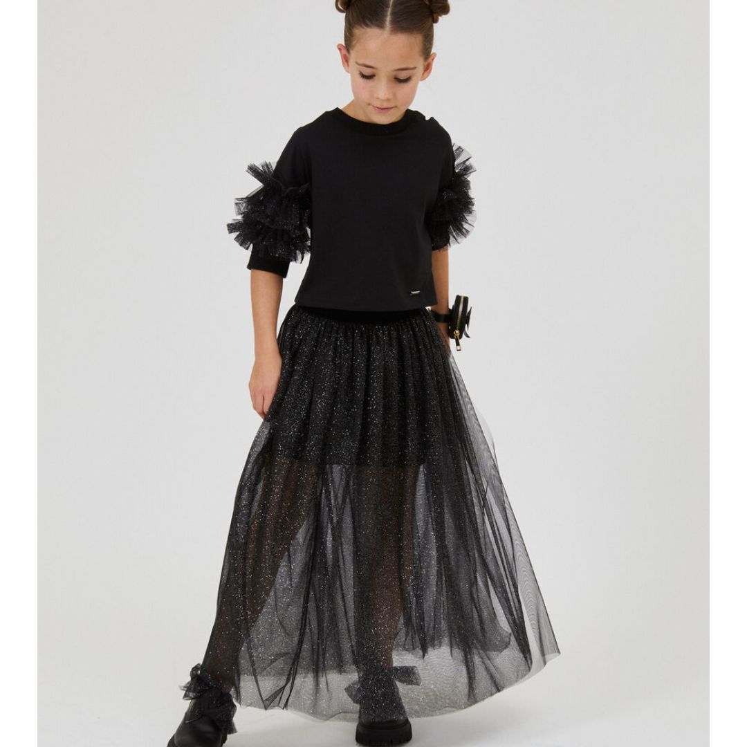 Monnalisa Black Glitter Tulle Skirt Glittery Tulle Skirt Girl