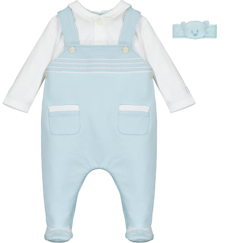 White & Pale Blue Babygrow & Rattle