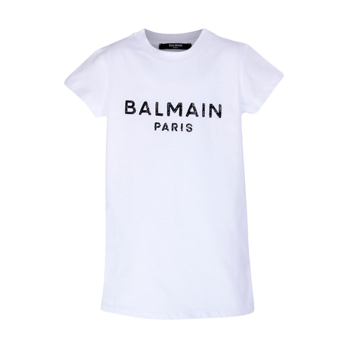 White Sequin Logo T-Shirt Dress