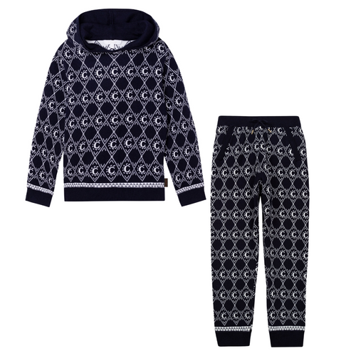Navy Knitted Jacquard Tracksuit