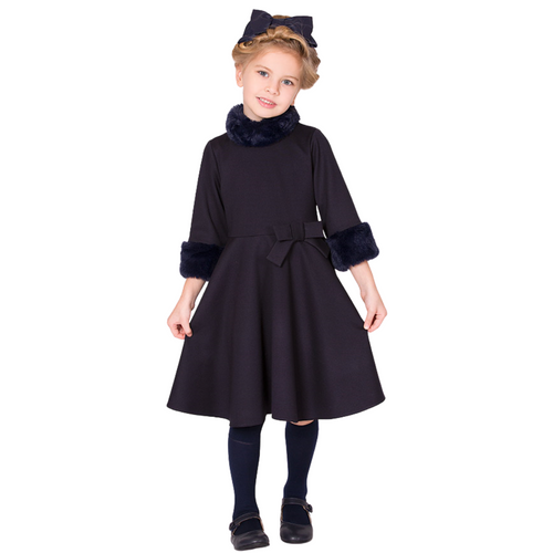 Navy Faux Fur Trim Dress