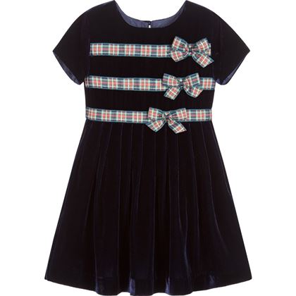 Navy Velvet & Tartan Bow Dress